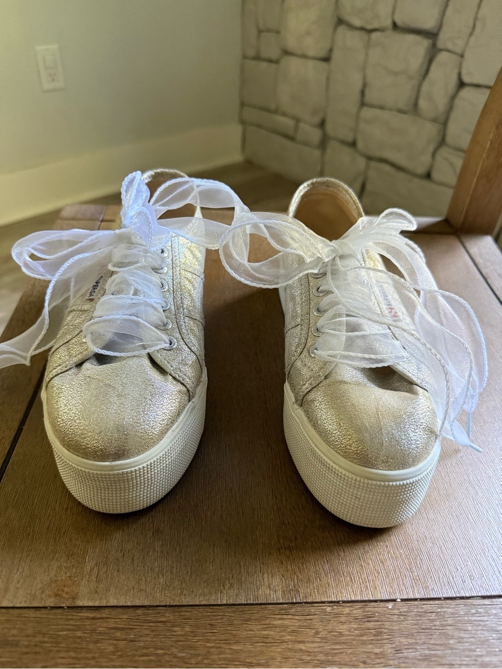 Superga Metallic Silver Platform Sneakers with Sheer White Ribbon Laces